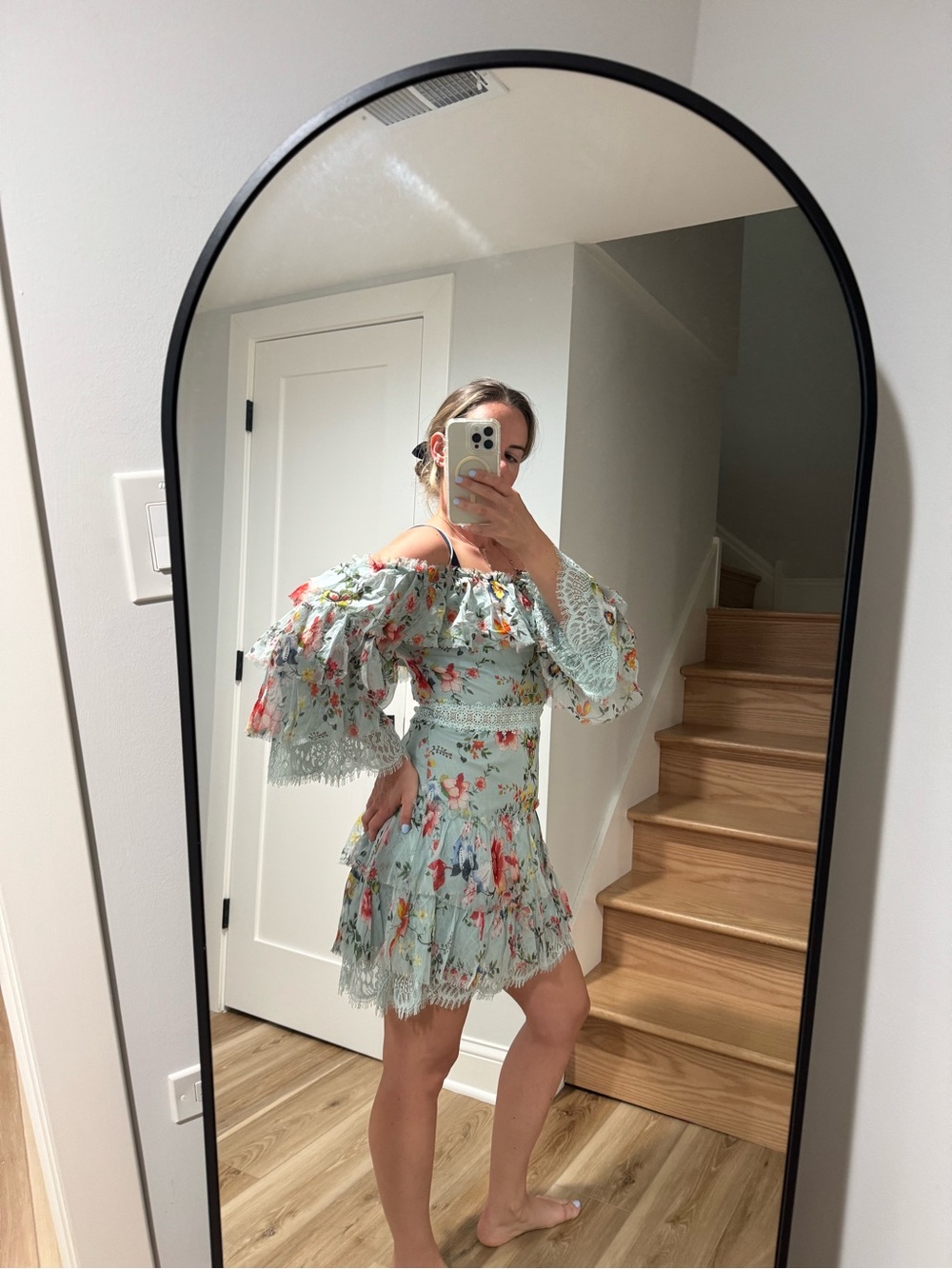 Alice + Olivia Sage Blue Floral Off-Shoulder Mini Dress